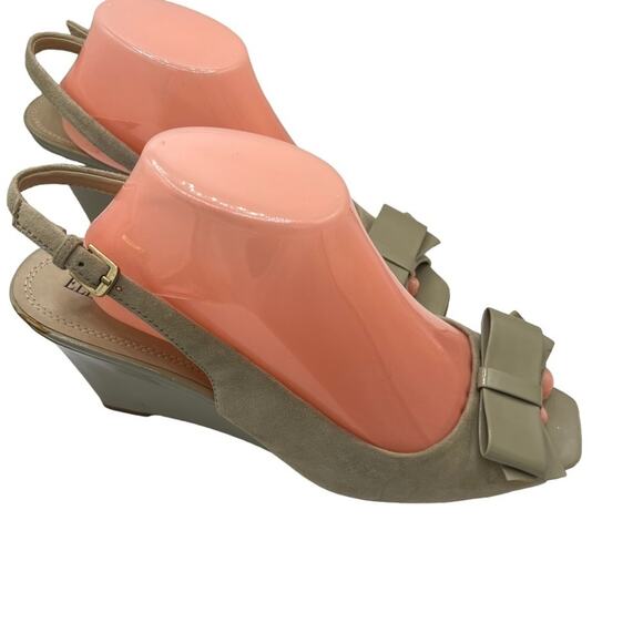 Ellen Tracy Open Toe Suede Patent Leather Slingbacks 10M Wedged Heel - Picture 2 of 6